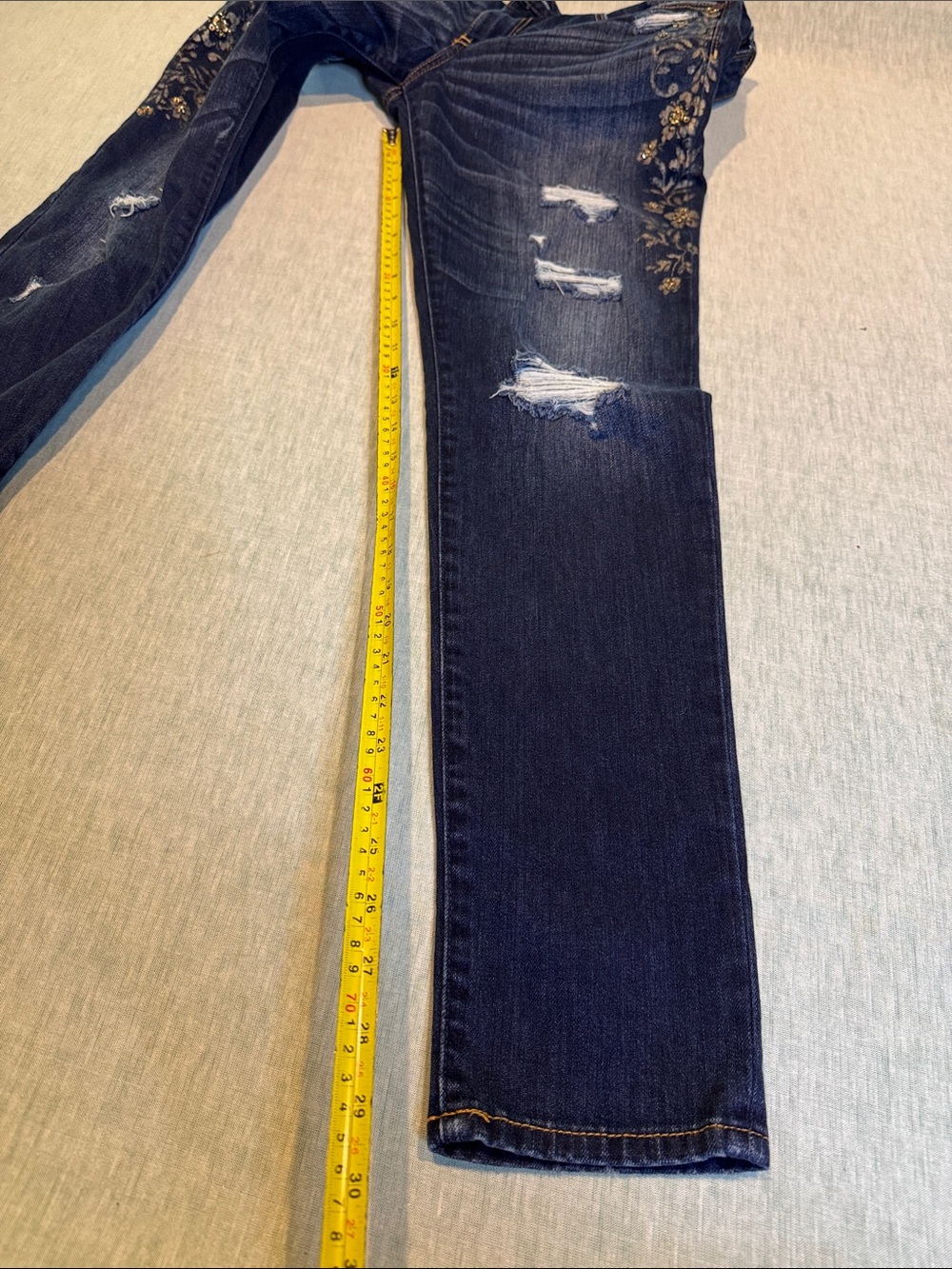 Abercrombie & Fitch Dark Blue Straight Leg Jeans with Gold Floral Embroidery - Picture 7 of 10